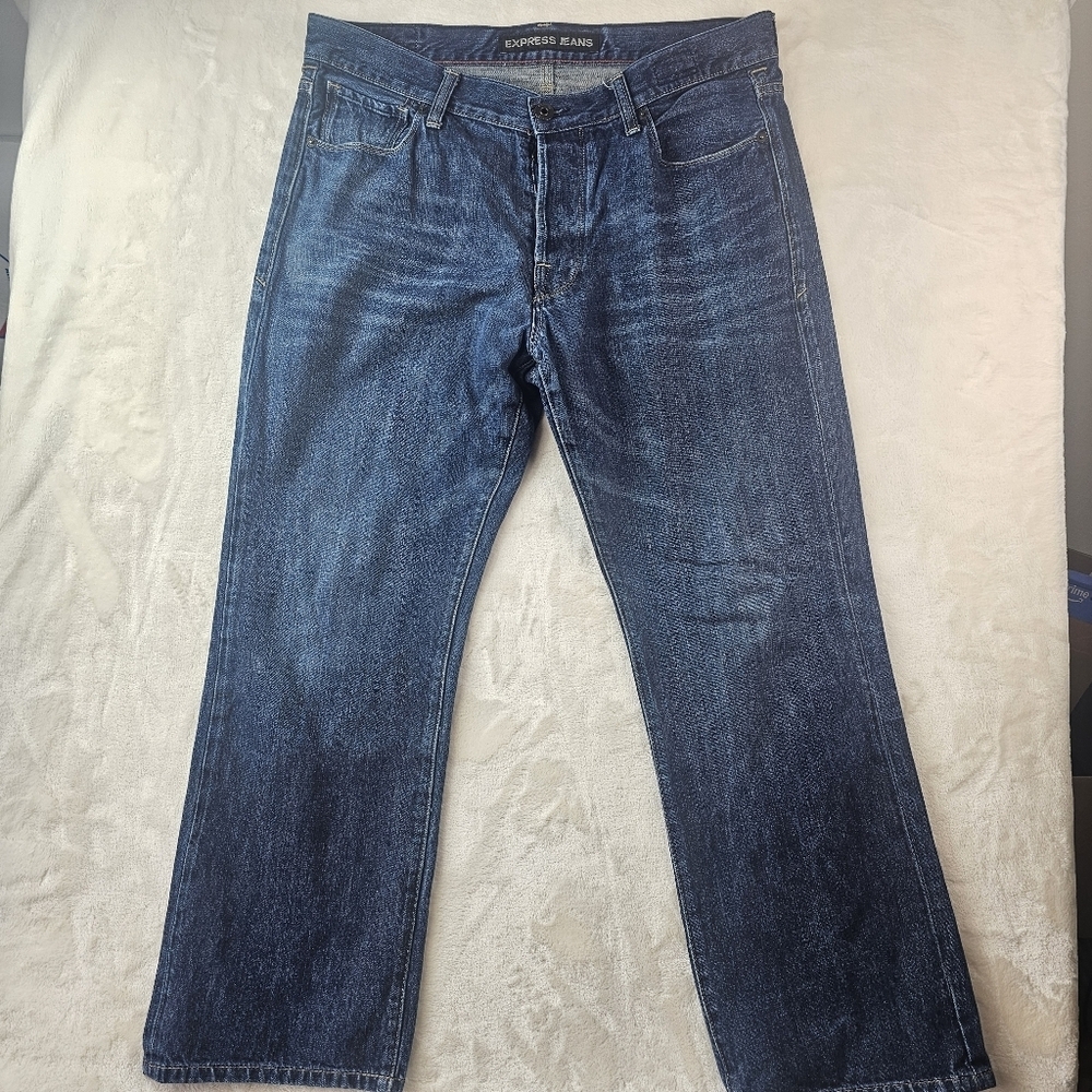 Express Jeans Blake Loose Fit Bootcut Mens 34x30 Relaxed Dark Wash Blue Denim